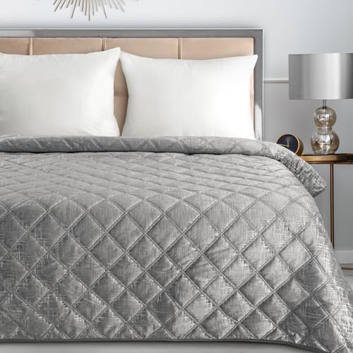 Eurofirany Eleganter Bettüberwurf Samt Blink 6 – Silber – 200x220 cm – Steppdecke mit Rauten & Silberakzenten