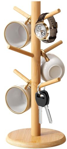 YIFLorine TANG Porte-Tasses en Bois,Porte Tasse,Support de Tasse Suspendu 6 Crochets Réutilisable Mug Rack Arbre Support de Rangement Tasse Bois en Caoutchouc Naturel pour Comptoir de Cuisine