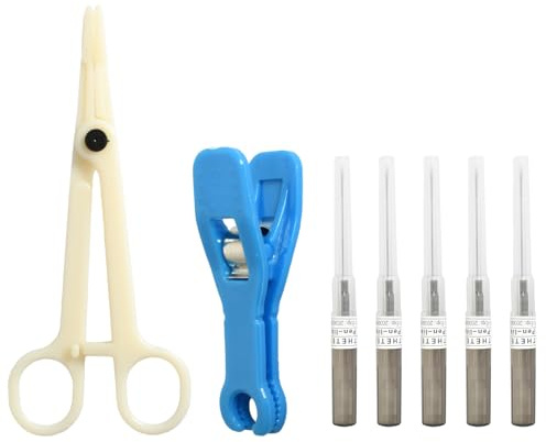 Rieoany 7-Teiliges Piercing Nadel Set, Piercing Nadeln mit Rundbackenklammern und Öffnungszange, Piercingnadel mit Rohrabdeckung, für Nase, Ohren, Lippen und Augenbrauen