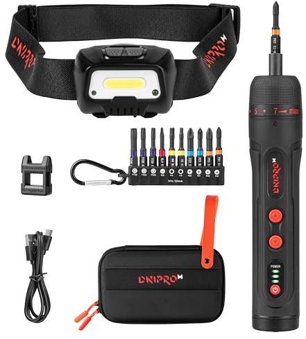Kit Destornillador Dnipro-M CSD-40X + Linterna Frontal FX-5, con USB-C | Doble modo: 4,5 Nm eléctrico y 10 Nm manual │ Linterna frontal con sensor de movimiento │ Batería 2000 mAh, USB-C