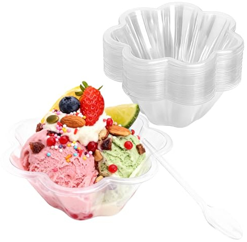 UOCAI 50 Stück Desserttassen Kunststoff mit 50 Löffeln, Wiederverwendbare | Dessertgläser Plastik Plastikschalen Dessertbecher Dessertschalen Eisbecher Snackschale Stapelbar, für Hochzeiten Feiern