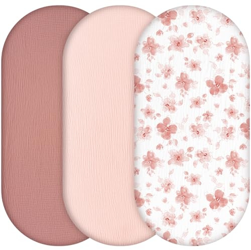 Yukkidds Spannbettlaken Kinderwagen, 100% Musselin Matratzenbezug 81x41 cm | 100% Musselin-Baumwolle, Weich & Atmungsaktiv, Bettlaken für Stubenwagen Beistellbett & Babybett, 3er Pack, Rosa Blumen