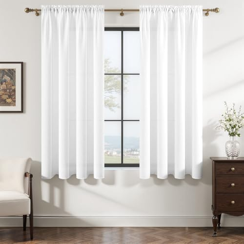 MRTREES Gardinen Weiß mit Stangendurchzug 2er Set Leinenoptik H145xB140 cm | Vorhänge kurz,Halbtransparent,Fensterdekoration,für Wohnzimmer Modern,Schlafzimmer,Fenster,Küche,Kaffeehaus,Balkontür