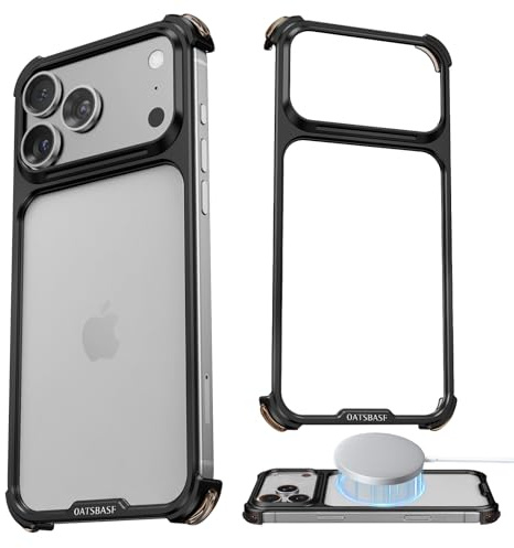 NIFBANG für iPhone 17 Pro Hülle,Rahmenlose Aluminium Metall Dünn Slim No Back Handyhülle Kompatibel mit MagSafe,4 Ecken-Airbag Stoßfeste Schutzhülle für iPhone 17 Pro Bumper Case(Schwarz)