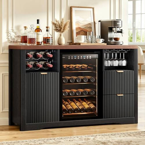 Leteuke Coffee Bar Cabinet with Fridge Space, 53 L Kitchen Wine Cabinets with Storage Drawer, Wood Buffet Sideboard Table Station, Fluted Liquor Cabinet with Wine Rack for Home, Living Room-Black