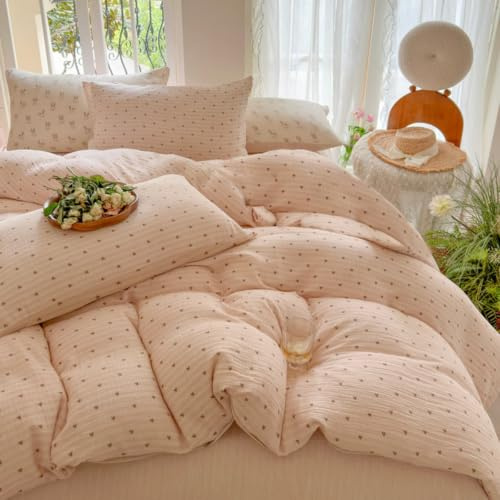 Freyamy Musselin Bettwäsche 135x200 Baumwolle Beige Khaki Herzen Bettwäsche Set Aesthetic ÖKO-TEX Bettbezug 135x200 Herz Deckenbezug mit Reißverschluss und 1 Kissenbezug 80x80cm