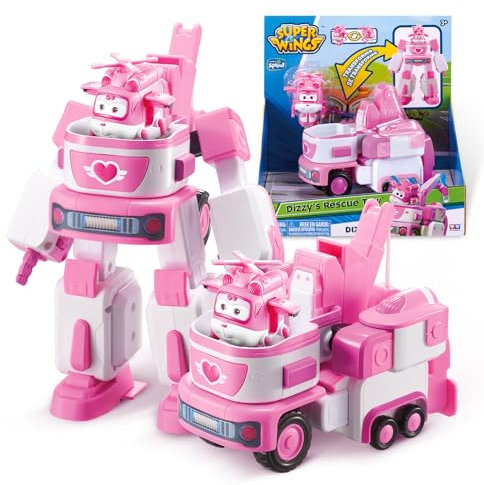 Super Wings EU720314 - Transformations-Fahrzeug Dizzy Rescue Tow, ca. 14,5 cm große Spiel-Figur für Kinder, verwandelbares Spiel-Flugzeug und Fahrzeug, Rosa
