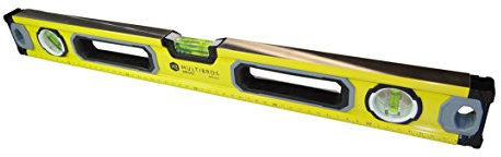 Nivel clásico de la marca MultiBros, con agua y burbuja de aire. Con imán. Nivel horizontal, vertical, y con inclinación de 45º, Amarillo
