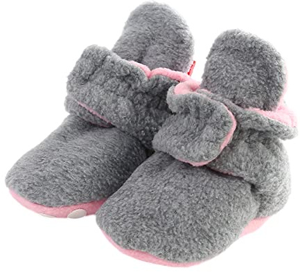 TMEOG Unisex-Baby Neugeborenes Fleece Booties Bio Baumwoll-Futter und rutschfeste Greifer Winterschuhe (6-12 Monate, A_Grau/Pink)