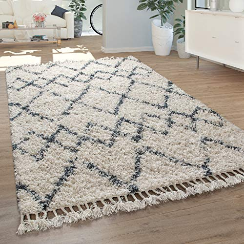 Paco Home Teppich Wohnzimmer, Schlafzimmer/Hochflor Shaggy in versch. Designs Farben und Größen, Grösse:80x150 cm, Farbe:Creme 13