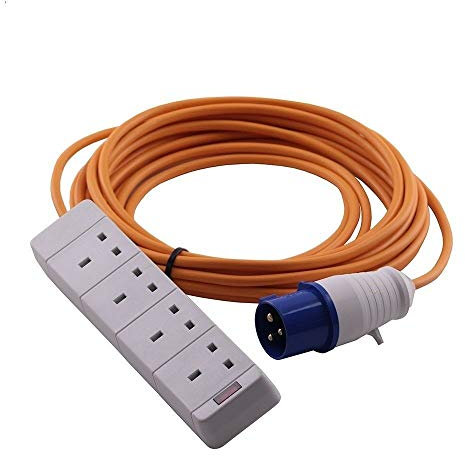 14m 4 Gang 16A Electric Hook Up Lead.Orange Cable Camping Caravan Lead