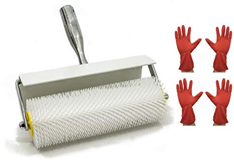ClausHavn - Spiked Screeding Roller with Plastic Splash Guard 250mm Wide Head with 21mm Spikes for Self Levelling Compound, Comes with 2 Pairs of Single Use Rubber Gloves