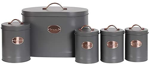 Janoon 5pc Kitchen Storage Container Set, Bread Bin, Tea Sugar Coffee Biscuit Tins, Grey