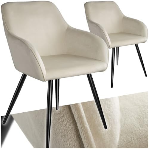 tectake® 2er Set Esszimmer Stuhl, Esszimmerstühle mit Sitzfläche aus Samt, Armlehnstuhl, Sessel Wohnzimmer, gepolsterter Office Chair, Schminktisch Stuhl, gemütlicher Küchenstuhl - crème/schwarz