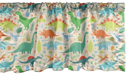 ABAKUHAUS Dino Fenster Volant, Säugetier Tiere Vulkan, Vorhang Volant für Küche Schlafzimmer Dekor mit Stangentasche, 137 cm X 30 cm, Ecru und Multicolor