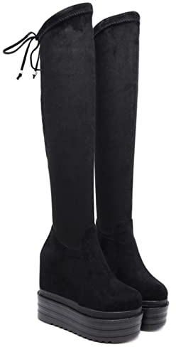 GAOword Stivali Neri sopra Il Ginocchio Elasticizzati Autunno E Inverno Sexy all-Match Interno con Zeppa Spessa Suola Stivali Moda Donna,Nero,37 EU