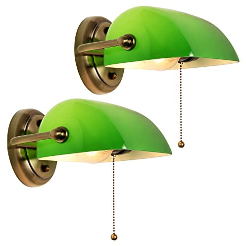 FIRVRE Bankers Wandleuchten aus Grünem Glas traditionelle europäische Vintage klassische mit Verstellbarem Retro Lampenschirm und Zugkette Schalter für Schlafzimmer Korridor Bibliothek