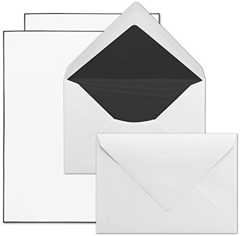75x Trauerpapier Sets DIN A5 mit weißen Umschlägen DIN C6, schwarz gefüttert - Briefpapier mit handgemachtem schwarzen Rand - Briefpapier für Kondolenz