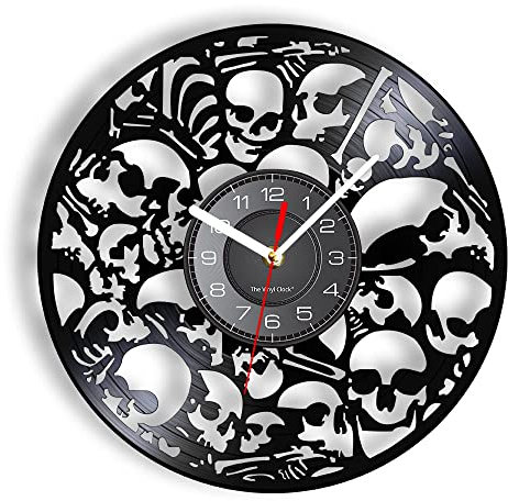 Vinyl-Uhr in Totenkopf-Form mit LED-Nachtlicht, Geschenk für personalisierte Heimdekoration, Schwarz