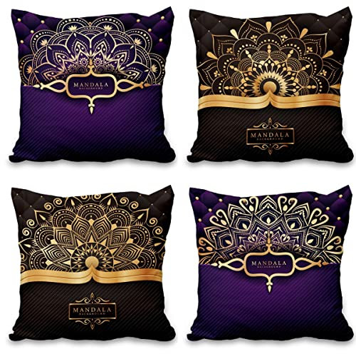 Aoihrraan 41x41cm 4er Set Dekorativ Kissenbezug Golden Mandalas Bohemien Blume Schwarz Violett Quadratische Sofakissen Dekokissen Aus Leinen Schlafzimmer Wohnzimmer Draussen Patio Stuhl Garten Sofá