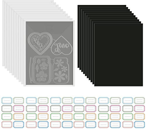 10 Stück stabile, transparente Kunststoff-Umschlagtaschen, 10 Stück, Gummi, weiche Magnetbögen, 48 Etiketten-Aufkleber für Stanzformen Stanzschablonen ideal für Stempel, Bastelprojekte