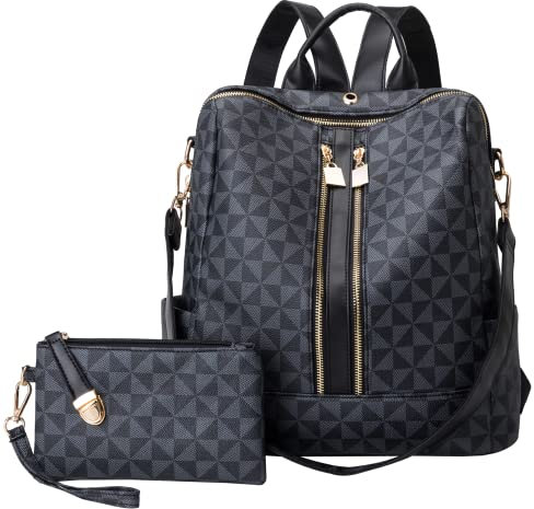 Kiepoar Damen Rucksack aus PU Leder mit Wallet, Stilvoll Tasche Diamantmuster Lederrucksack mit Schultergurt als Umhängetasche, Elegant Backpack Große Mode Bag für Arbeit Schule Reise