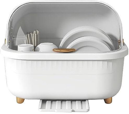 Dish Drying Rack with Lid Cover Plastic Dish Drying Box Multifunctional Space Saving Dish Drainer for Kitchen Accessories (White M)