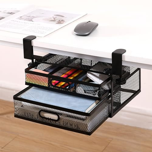 ROLIZOE Clamp On Under Desk Drawers 2 Large Capacity Mesh Metal Drawers Slide Out Under Desk Storage No Drill Under Desk Drawer Organiser Anti-Slip Under Shelf Drawer Hidden Organiser for Home Office