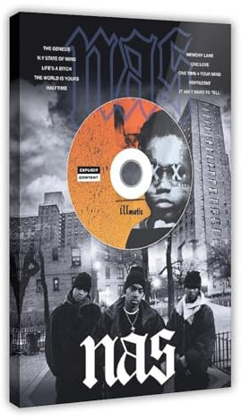 ZOLULA Nas 'Illmatic' Album Plakette – Hip-HopRap-Musik-Poster, Leinwand-Poster, Wandkunst, Dekordruck, Bild, Gemälde für Wohnzimmer, Schlafzimmer, Dekoration, Rahmen-Stil, 50 x 75 cm