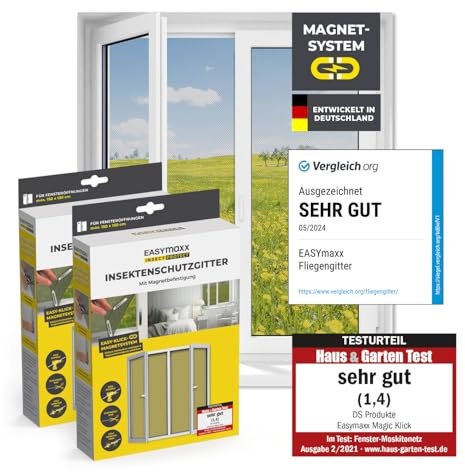 EASYmaxx Mosquitera para ventanas con Magic Click | Cortada a medida para todas las ventanas de hasta 150 x 130 cm | Fácil instalación con 12 imanes - sin taladrar ni atornillar [2 Piezas]
