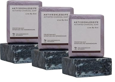 Live By Eco Schwarze Seife - Aktivkohle Seife gegen fettige Haut - Kohlen Seife als Porenreiniger - entgiftende feste Seife - Black Bar Soap handgemachte Naturseife - Gesichtsreinigung vegan - 3Stk