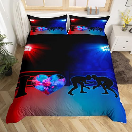 Manfei Wrestling-Sport-Bettwäsche-Set für Doppelbett, Wrestler-Kampf-Gaming, 2-teilig, für Kinder, Jungen, Mädchen, Zimmer-Dekor, rot und blau, Bettdeckenbezug aus weichem Polyester, Bettbezug mit 1