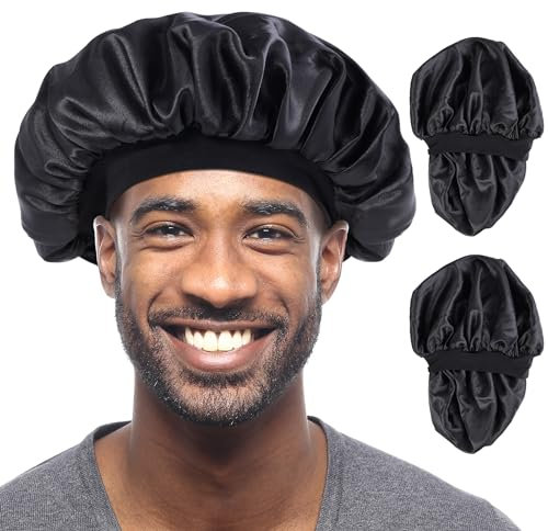 MoHern Lot de 2 bonnets pour homme, double couche en satin pour dormir, bonnet de nuit réversible, bonnet pour cheveux bouclés, bonnet en satin pour homme et femme noir, noir, Large