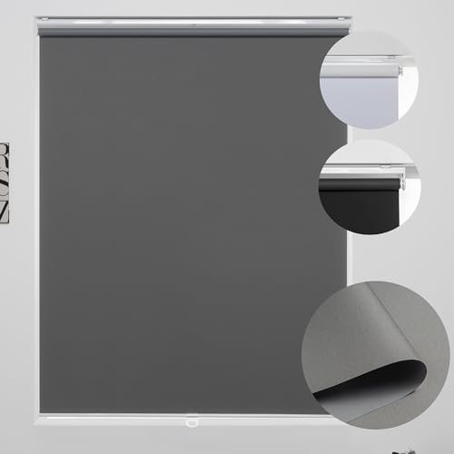 KALYSIE Cordless Roller Shades 100% Blackout Blinds for Windows and Doors, Pull Down Room Darkening Window Shades, Easy to Install for Home and Office, Grey, Fixed 75 Inches High, 29 Inches Width