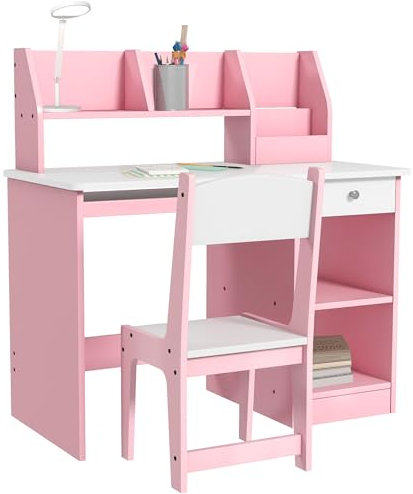 ZONEKIZ Kids Desk and Chair Set with Storage, for Ages 5-8 Years, 2 Piece Children Table and Chair Set with Keyboard Drawer, Pink