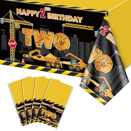 PTECDROTS 4 Stück BAU-Tischdecken - Rechteckig, 130 x 220 cm, PE-Material, Wischbar und Wasserfest, Bau-Thema, 2. Geburtstag, Party Dekoration
