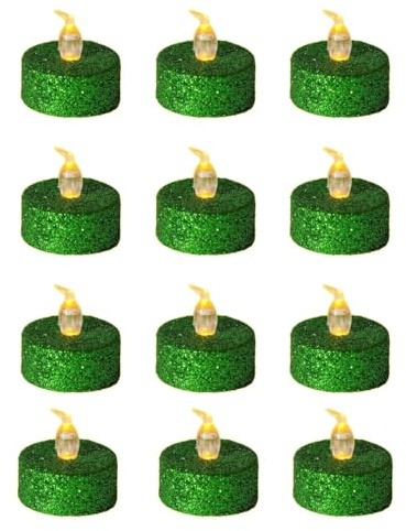 ONEIHOMM Green Tea Lights with Timer, Glitter Sparkly Tealights Candles Battery Operated for Holiday, Event, Halloween Decorations, Built-in 6 Hours Timing,12 Pack