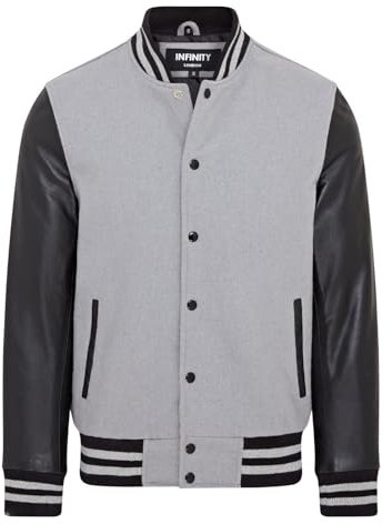Infinity Leather Letterman Baseball Varsity-Bomberjacke aus Grauem Wolle und Schwarzem Leder