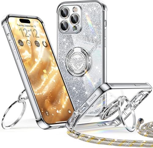 XYZ for iPhone 14 Pro Max Case with Stand, Soft Cute Luxury Love Heart for Women Girls, Double Ring Bling Glitter Clear Protective Phone Cover Case for iPhone 14 Pro Max - Silver