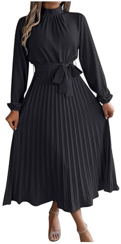 AMhomely Women's Formal Elegant Dresses for Special Occasion Mock Neck Long Sleeve High Waisted Bodycon Pleated Swing Midi Dresses