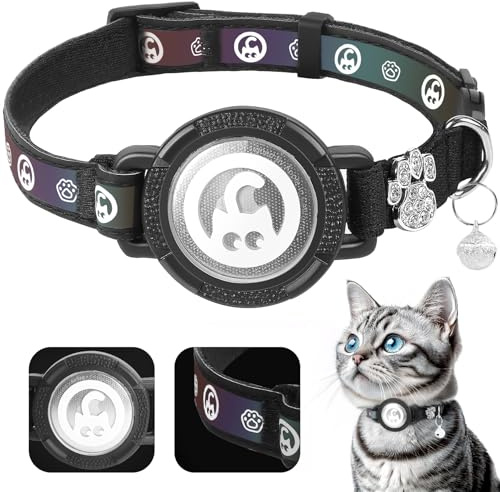 Airtag Katzenhalsband, wasserdicht, Airtag-Halter, Katzenhalsband mit Glöckchen, niedliche Diamantpfote, reflektierend, leichtes GPS-Katzenhalsband für Mädchen, Jungen, Katze, Kätzchen (Schwarz, XS