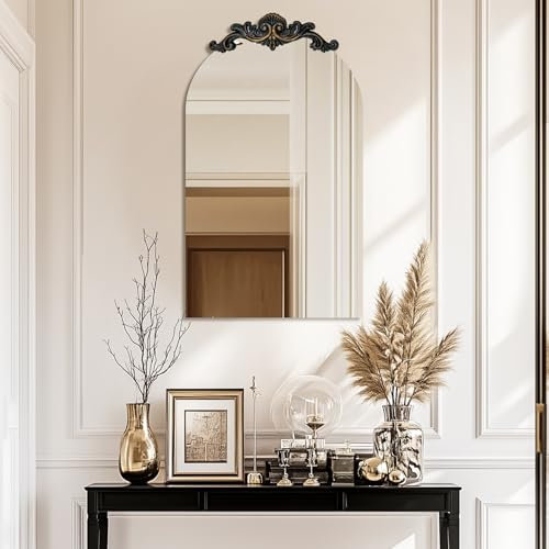 Artloge Miroir Mural Baroque Arche: 60×120cm Miroir Décoratif d'Entrée Vintage avec Decoration Sculptée Ancienne Dorée Grand Miroir de Maquillage Antique Design pour Chambre Salon Café
