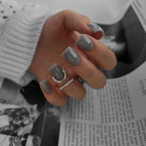 SXVME Grey Press on Nails Short Square Acrylic Short False Nails Coffin Natural Acrylic Fake Nails Set Elegant Solid Color Full Cover Glossy Gel Stick on Nail for Women Daily Wear 24 Pcs