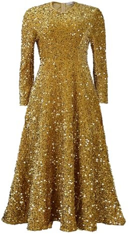 Robe à paillettes à manches longues et col rond pour femme - Robe longue à paillettes scintillantes - Robe de soirée courte et longue, rose gold, M