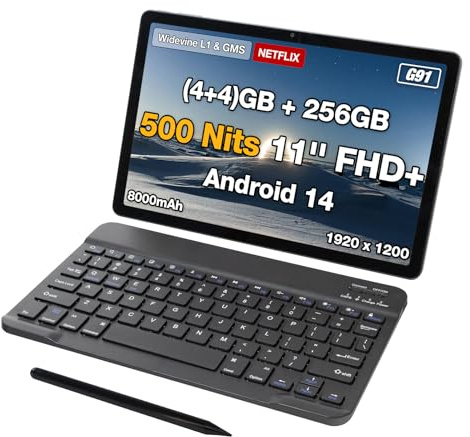 AGM Tablet 11 Zoll mit Hülle,Tastatur & Stift, Android 14, 500 Nits Helles FHD+ Display (1920x1200), 8GB RAM (4+4) + 256GB ROM, Helio G85, Widevine L1, 8000mAh, 4G LTE & 5G WiFi
