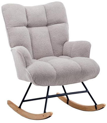 Aunekiv Schaukelstuhl, Stillsessel Schaukelsessel, Teddystoff Gepolsterter Schwingsessel Lesesessel Relaxstuhl Sessel mit Holzkufen, Armlehne, für Wohnzimmer, Schlafzimmer, Babyzimmer, Grau