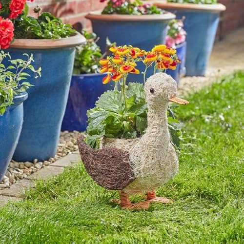 Smart Solar Rattan Duck Planter Garden Ornament, 34 cm, Natural Funimal Daphne Design with Pre-lined Base