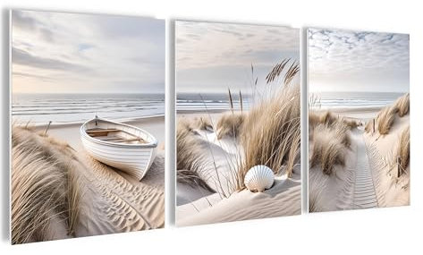 artissimo, Bilderset 3er-Set, PE6751-DS, 3 Bilder 30x40cm, moderne Bilderwand, Wandbilder-Set, Strand und Meer, Weg zum Strand, Natur, beige