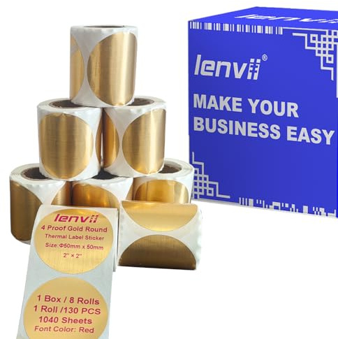 LENVII 50mm x 50mm Gold Rund Thermoetiketten (Rot Bedruckte) 1040 Etiketten | Gebürstetes Gold Runde Etiketten Aufkleber, 8 Rolle × 130 Blatt, Druck in leuchtendem Rot, DIY, Geschenke, Adressaufkleber