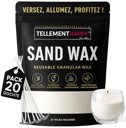 TellementHappy | Kerzenwachs in Sandform 1kg + 20 Dochte | Ohne Duft | Kerzensand Umweltfreundlich & Wiederverwendbar | Einfache Kerzenherstellung | Wachsgranulat Pflanzlich